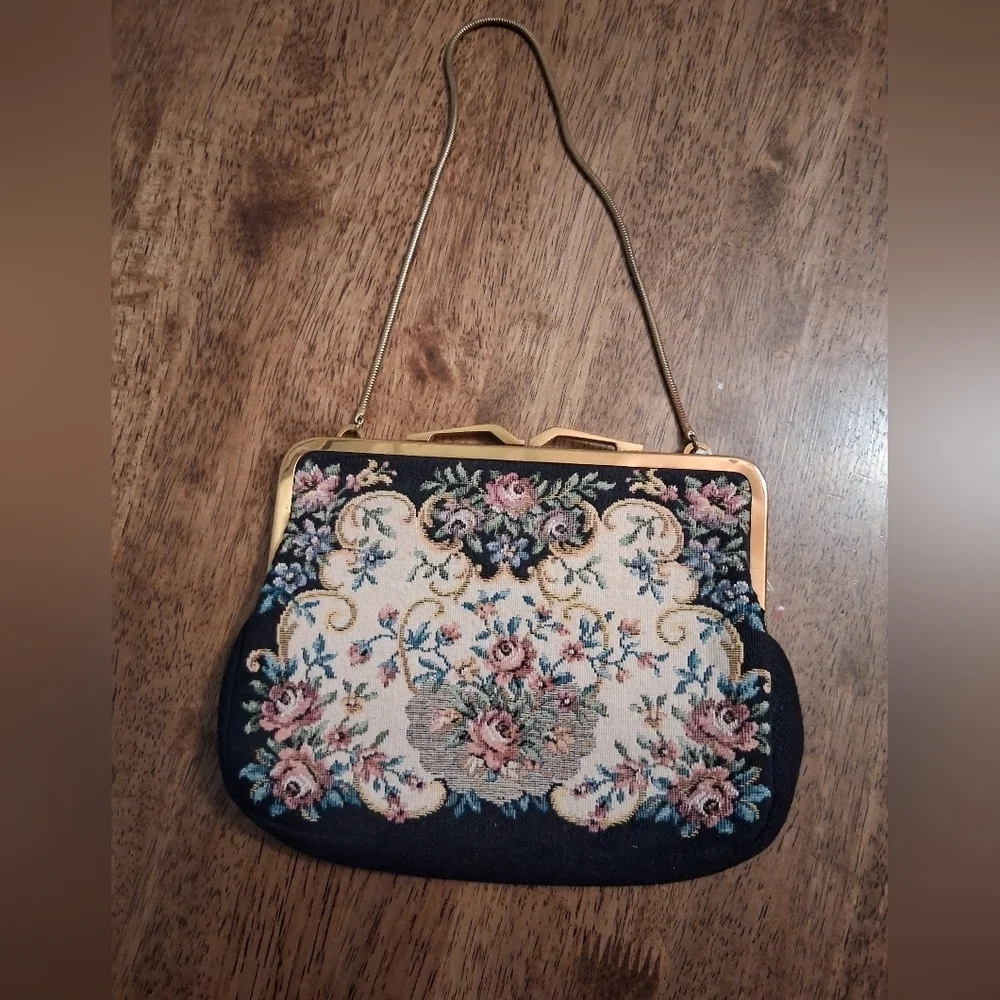 Vtg 40s Western Germany Petit Point Needlepoint Floral Tapestry Bag Purse